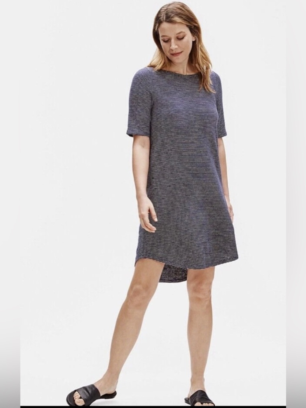 Eileen Fisher Salt Lake Dress XS Hemp CottBlend Navy White Striped Short Sleeve